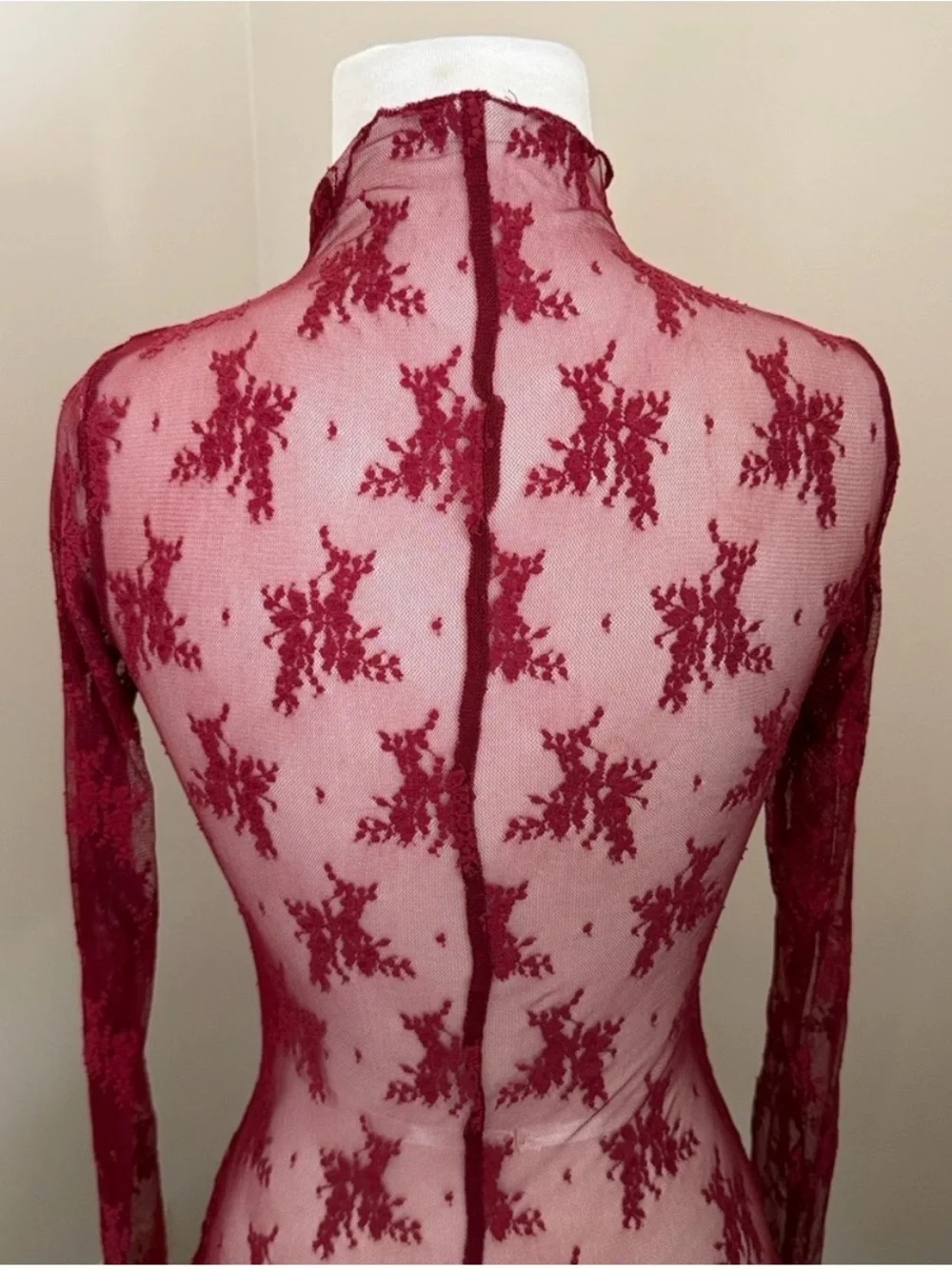 INTIMATE FREE PEOPLE Burgundy Floral Mesh Mock Neck Layering Top, Size Smal